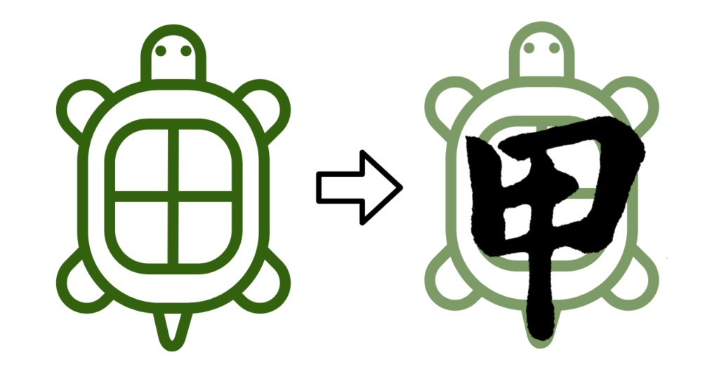 亀のイラストと甲の漢字のイメージ